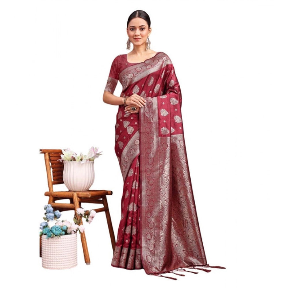 Banarasi Silk Printed Saree With Unstitched Blouse 5.5Mtr (Maroon)