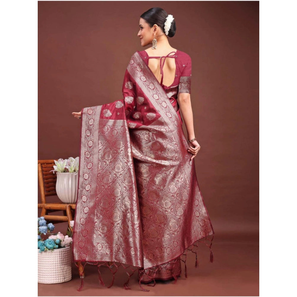 Banarasi Silk Printed Saree With Unstitched Blouse 5.5Mtr (Maroon)