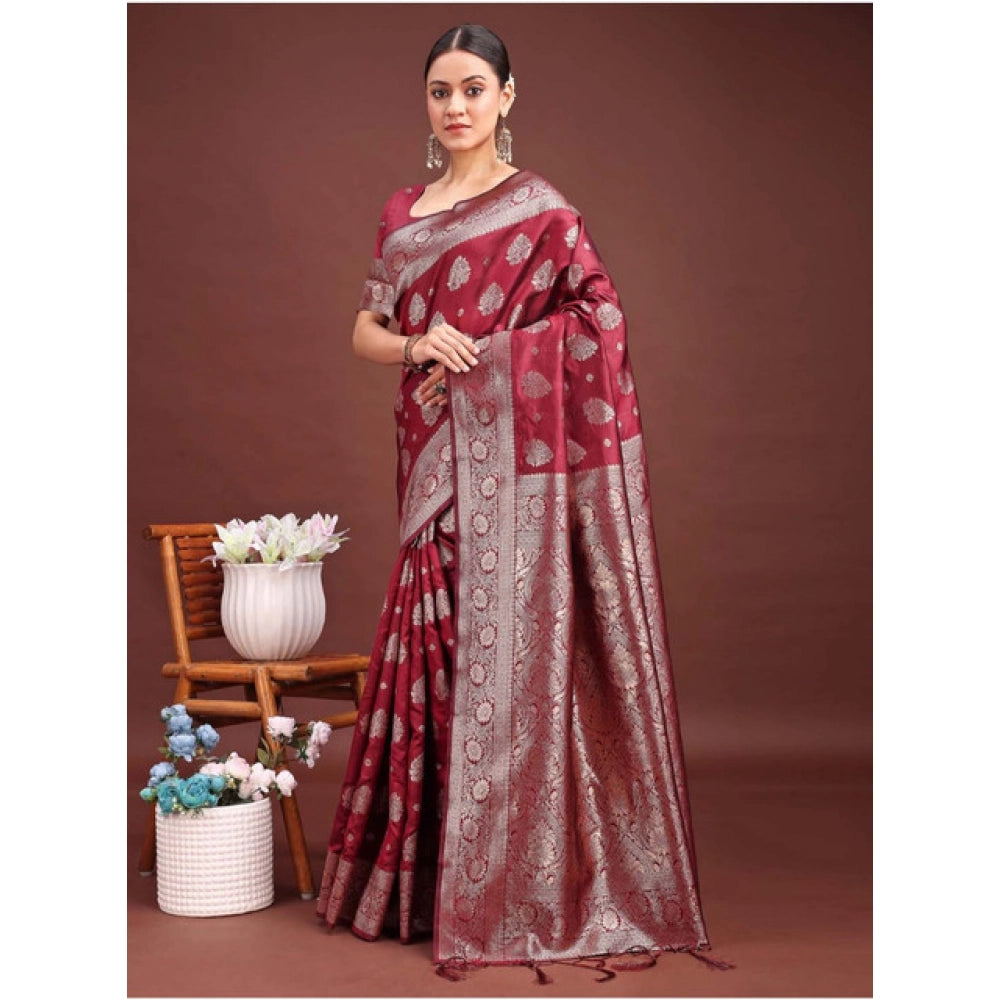 Banarasi Silk Printed Saree With Unstitched Blouse 5.5Mtr (Maroon)