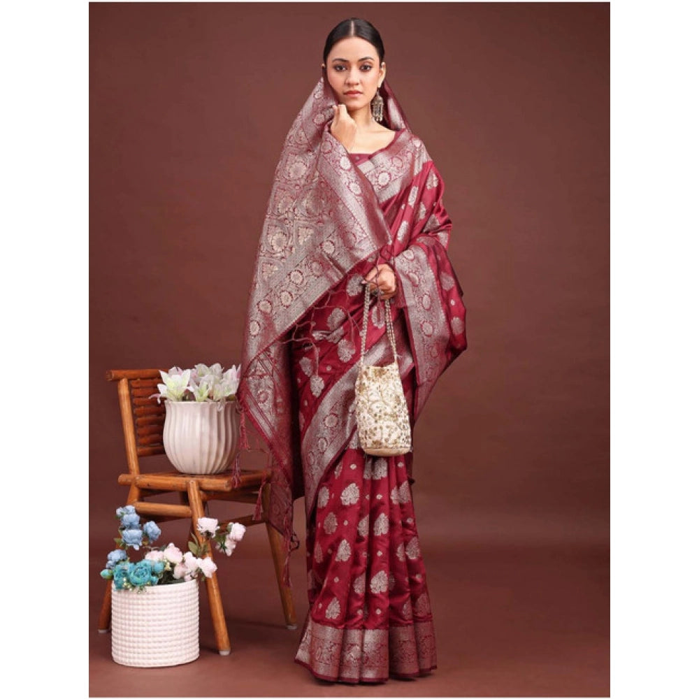Banarasi Silk Printed Saree With Unstitched Blouse 5.5Mtr (Maroon)