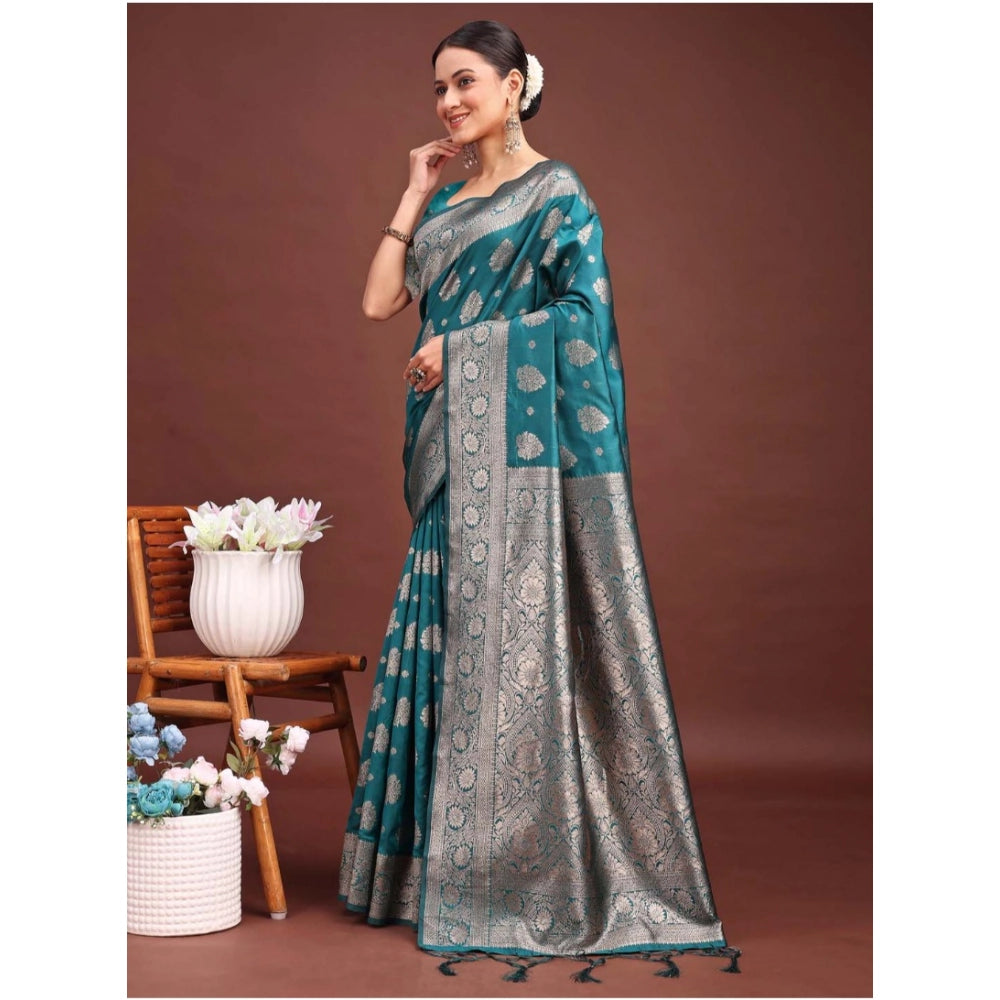Banarasi Silk Printed Saree With Unstitched Blouse 5.5Mtr (Sea Green)