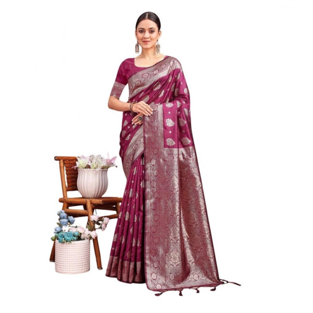 Banarasi Silk Printed Saree With Unstitched Blouse 5.5Mtr (Purple)