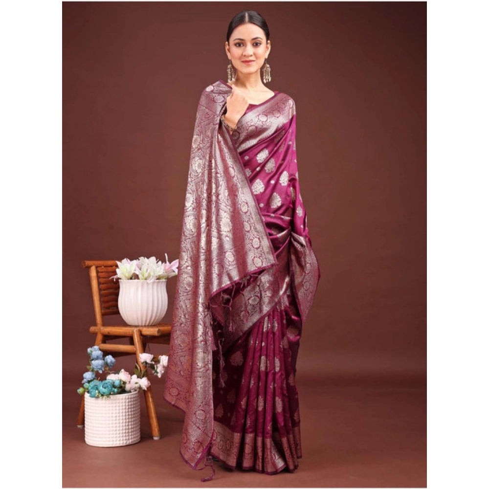 Banarasi Silk Printed Saree With Unstitched Blouse 5.5Mtr (Purple)