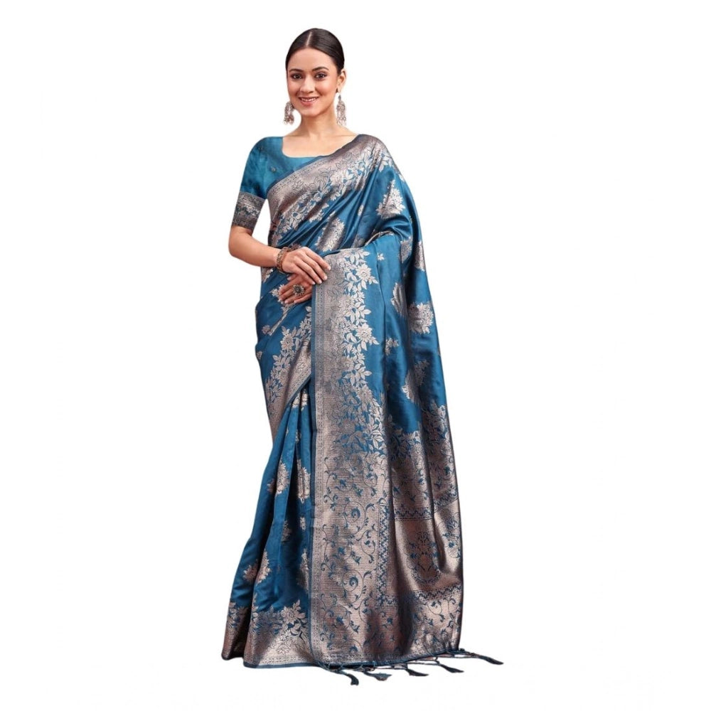 Silk Printed Saree With Unstitched Blouse 5.5Mtr (Teal Blue)