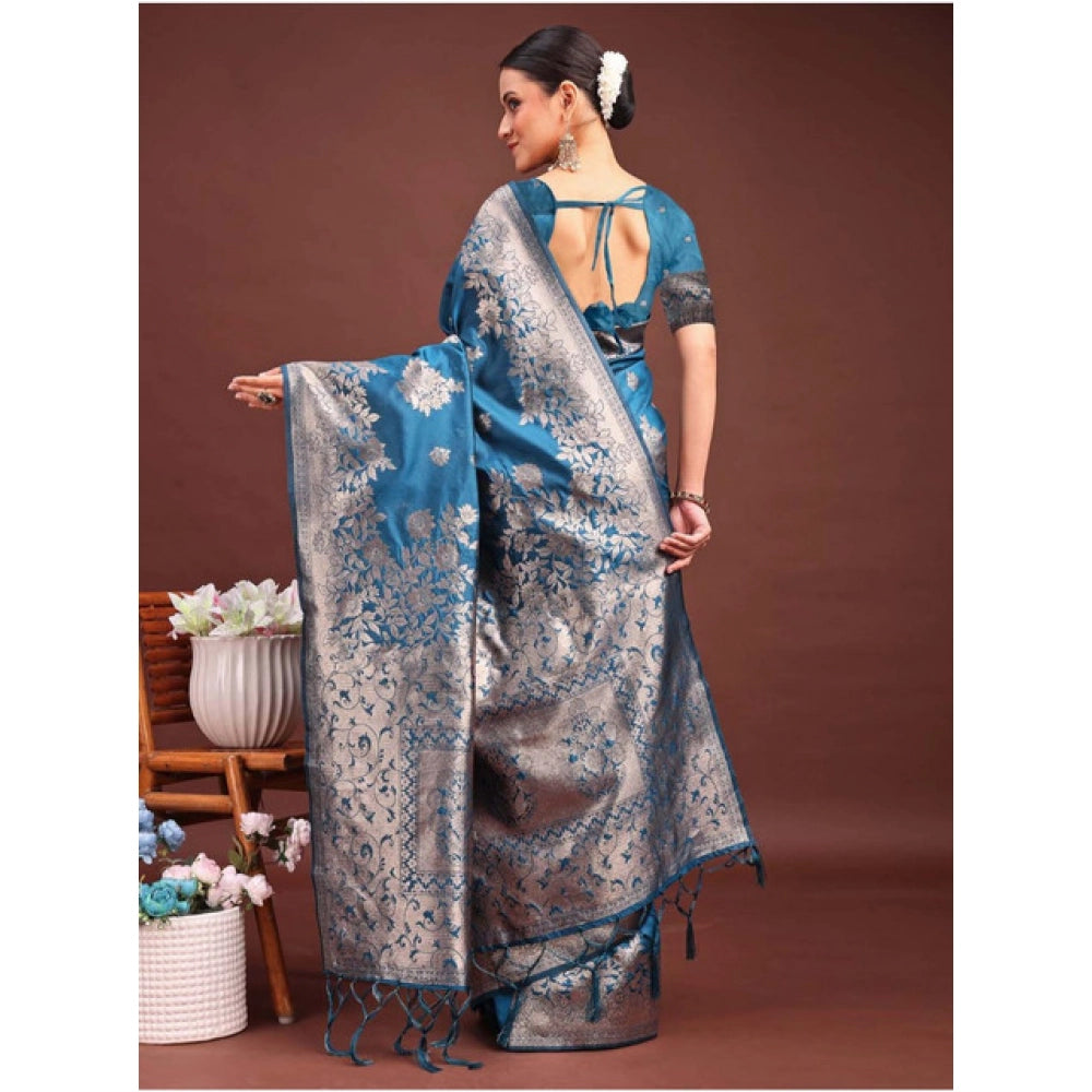Silk Printed Saree With Unstitched Blouse 5.5Mtr (Teal Blue)