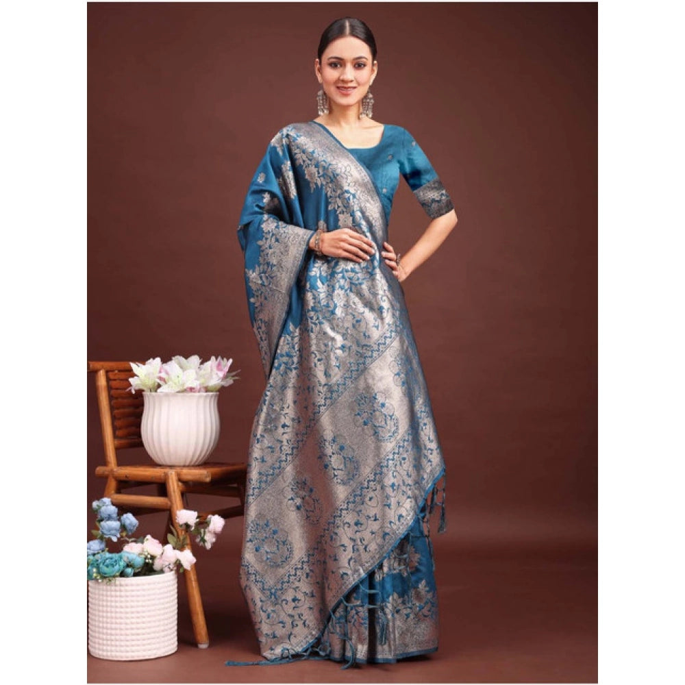Silk Printed Saree With Unstitched Blouse 5.5Mtr (Teal Blue)