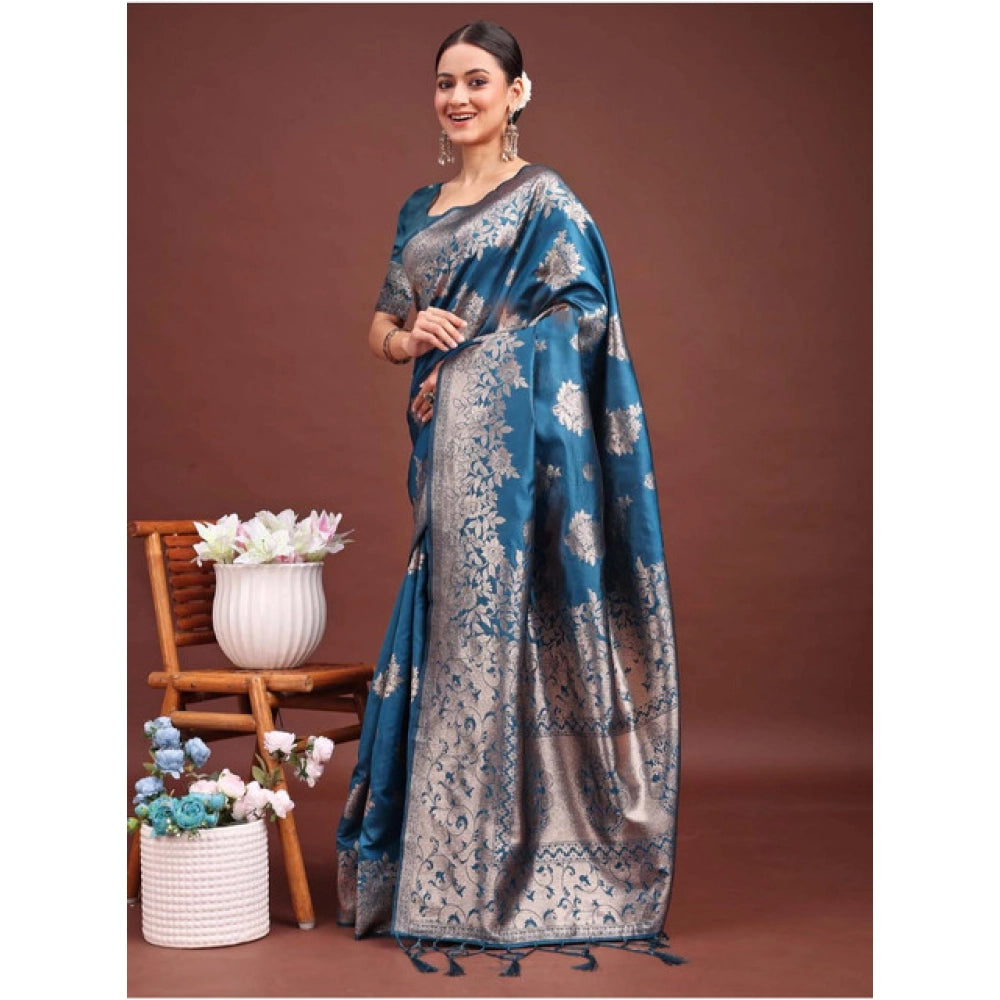 Silk Printed Saree With Unstitched Blouse 5.5Mtr (Teal Blue)