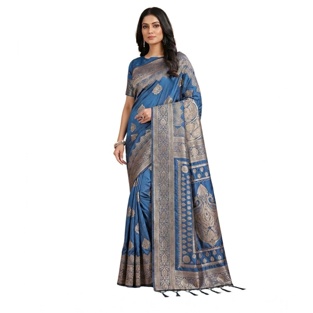 Silk Blend Printed Saree With Unstitched Blouse 5.5Mtr (Sky Blue)