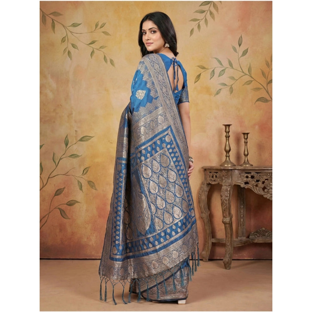 Silk Blend Printed Saree With Unstitched Blouse 5.5Mtr (Sky Blue)
