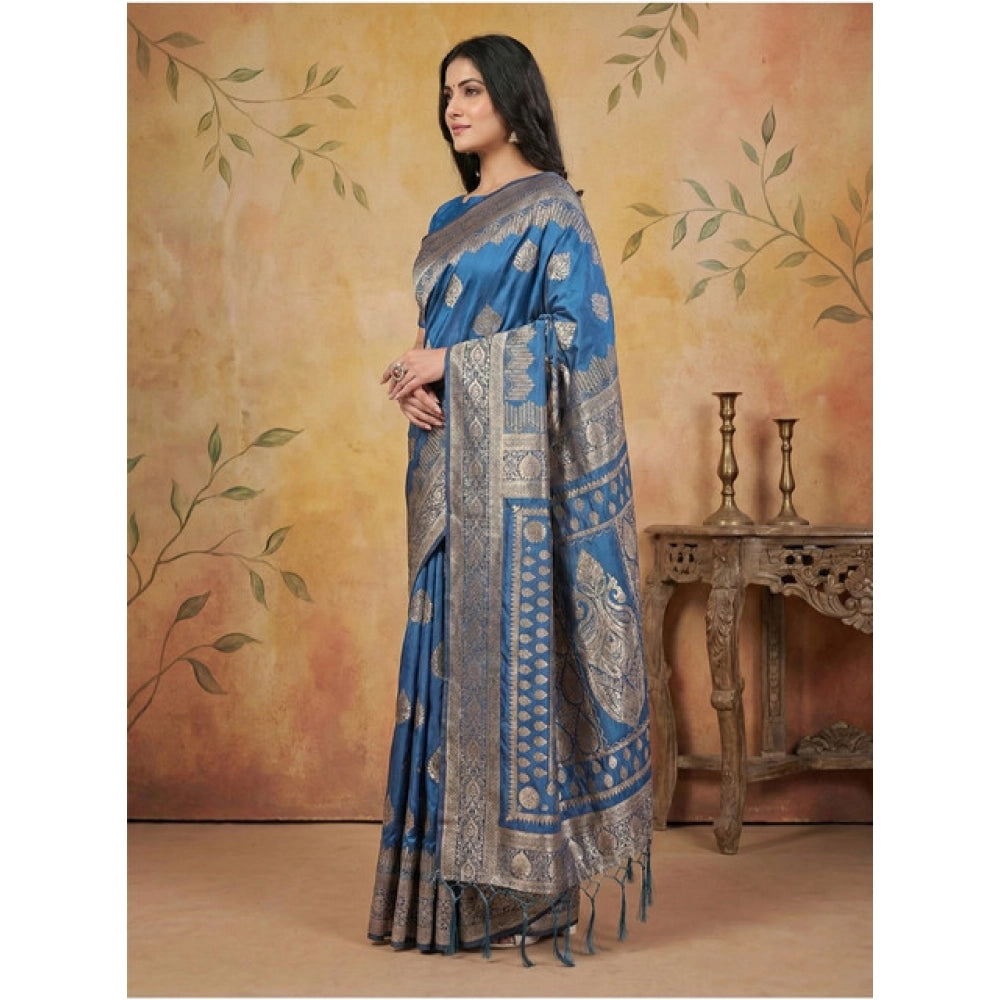 Silk Blend Printed Saree With Unstitched Blouse 5.5Mtr (Sky Blue)