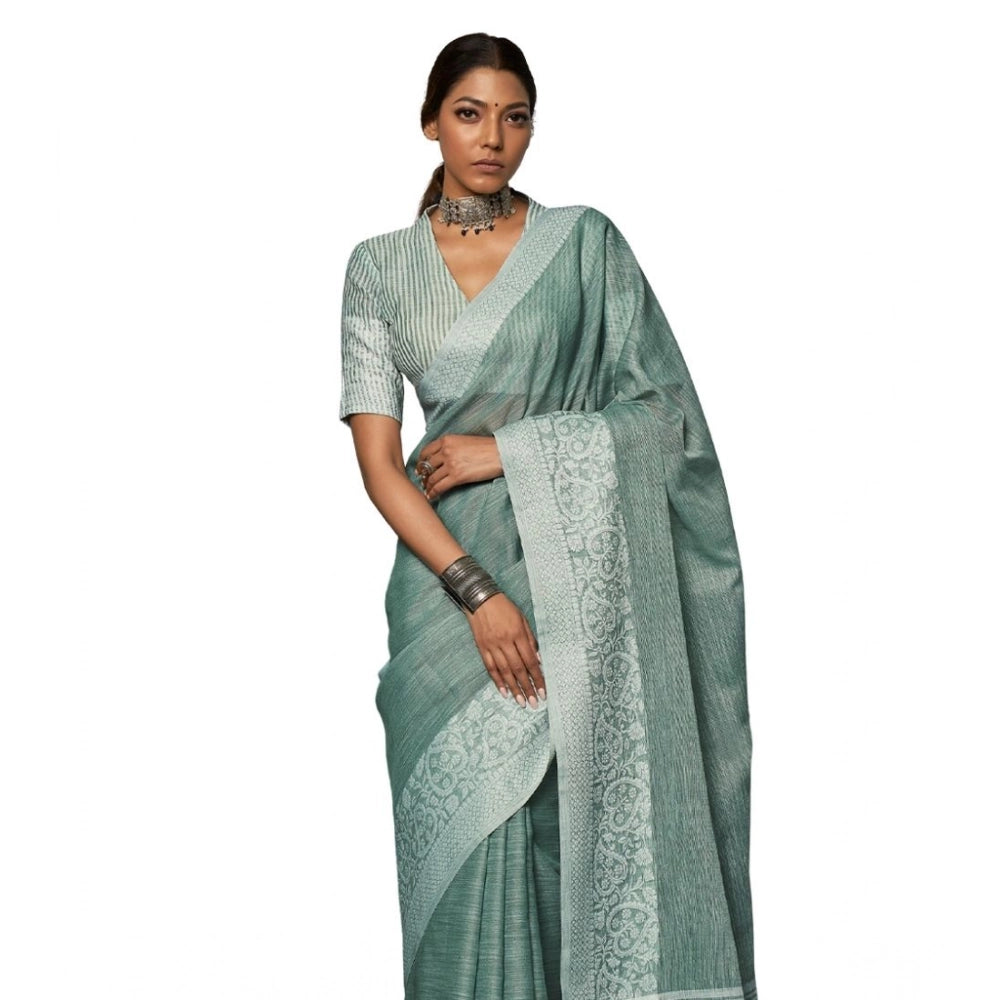 Linen Printed Saree With Unstitched Blouse 5.5Mtr (Sea Green)