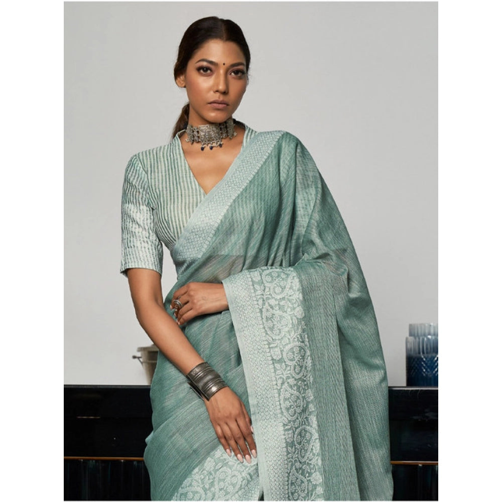 Linen Printed Saree With Unstitched Blouse 5.5Mtr (Sea Green)