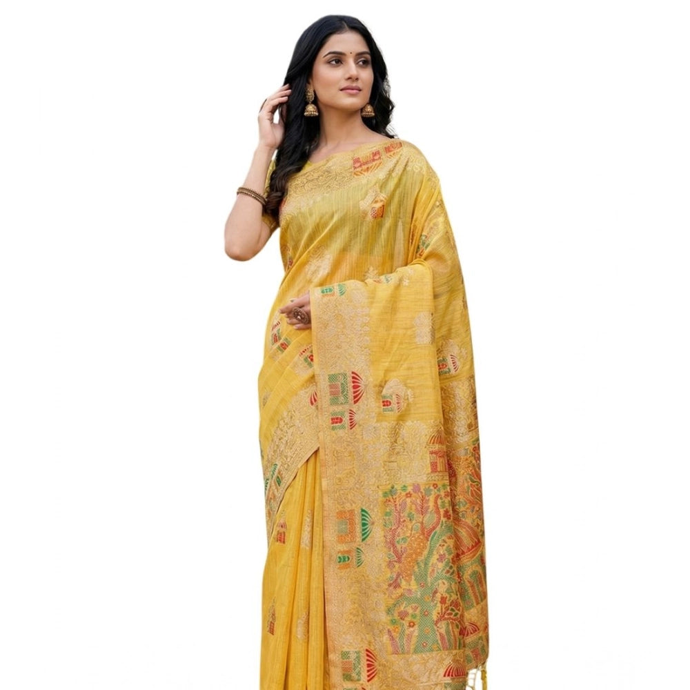 Linen Cotton Printed Saree With Unstitched Blouse 5.5Mtr (Yellow)