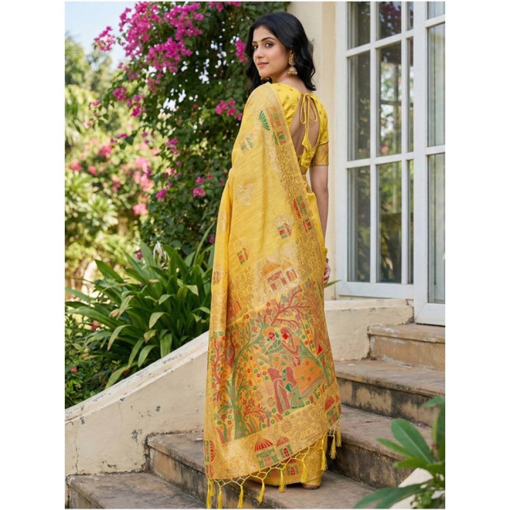 Linen Cotton Printed Saree With Unstitched Blouse 5.5Mtr (Yellow)