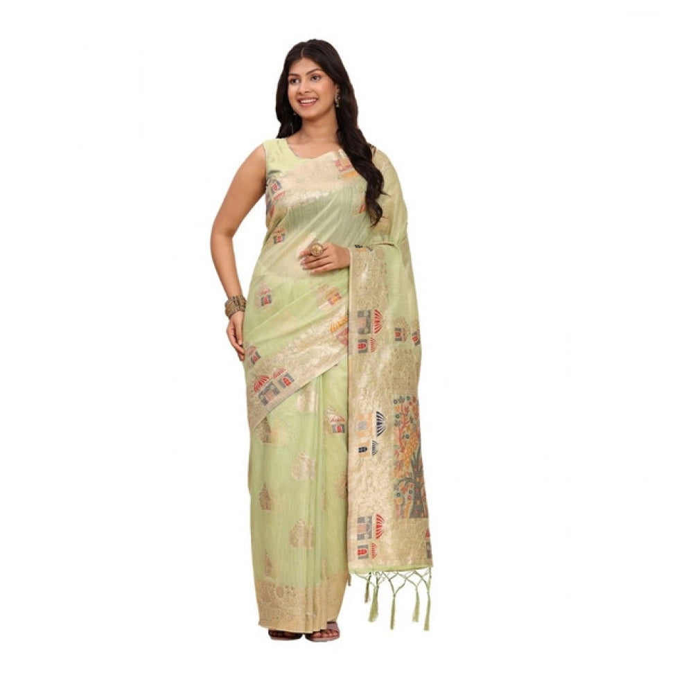 Linen Cotton Printed Saree With Unstitched Blouse 5.5Mtr (Light Green)