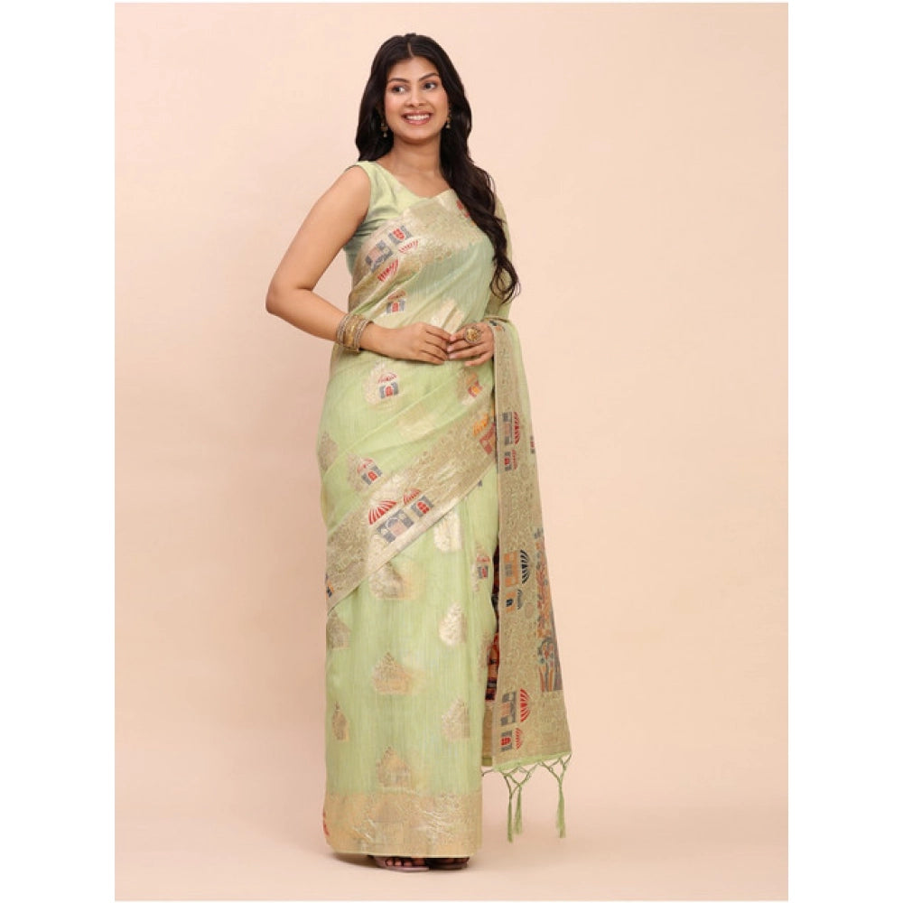 Linen Cotton Printed Saree With Unstitched Blouse 5.5Mtr (Light Green)
