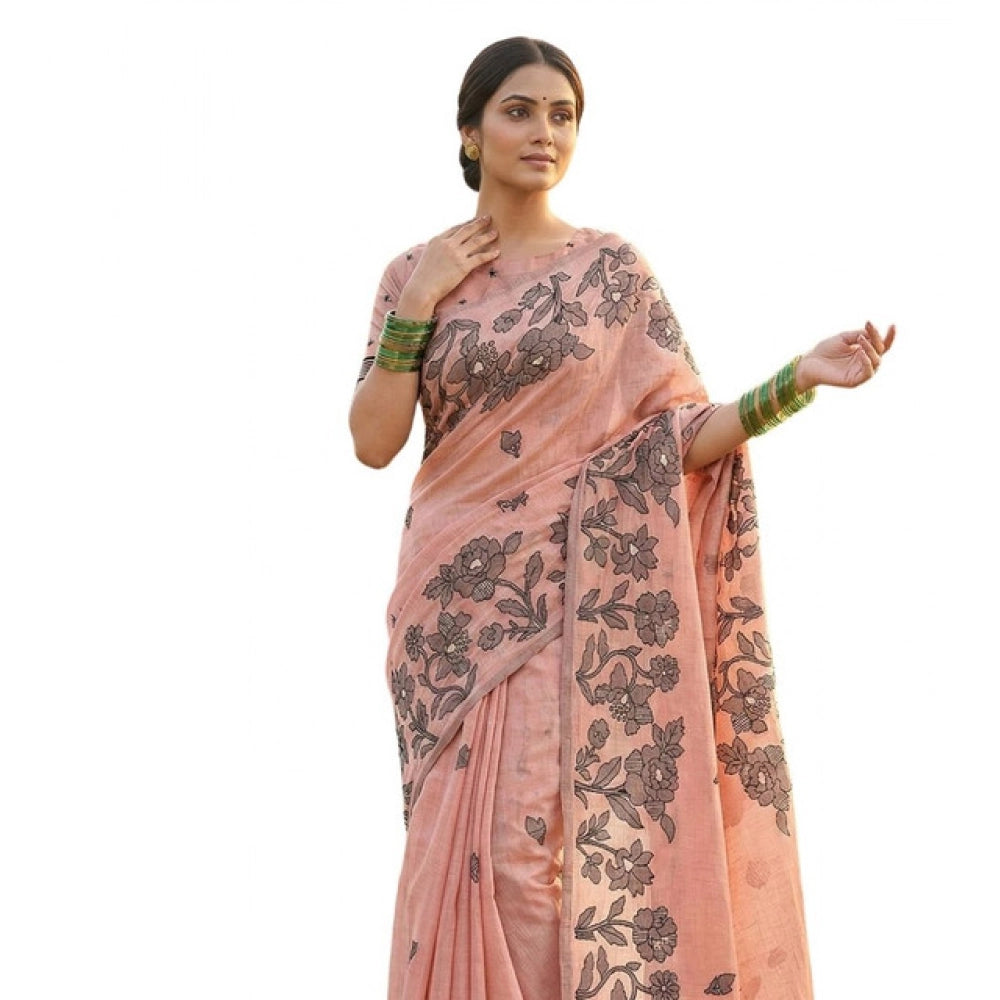 Linen Cotton Printed Saree With Unstitched Blouse 5.5Mtr (Peach)