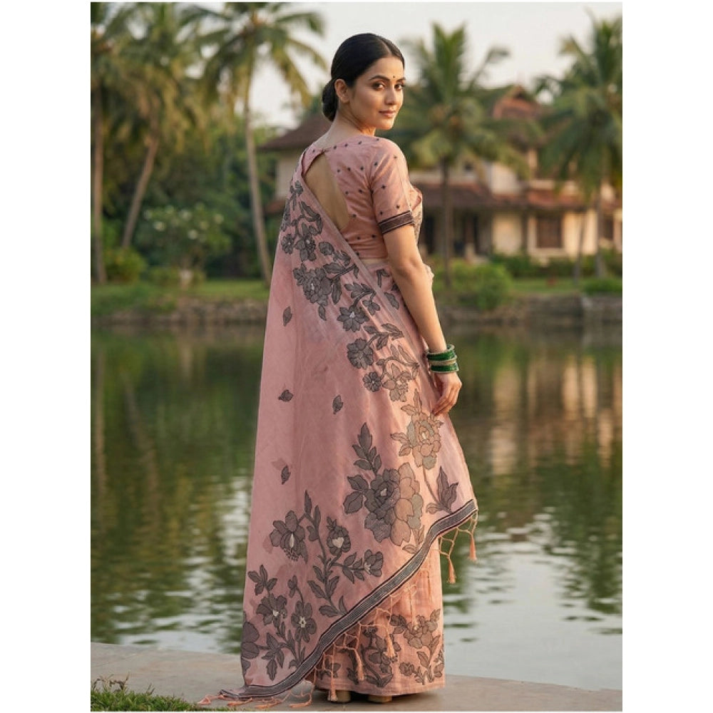 Linen Cotton Printed Saree With Unstitched Blouse 5.5Mtr (Peach)