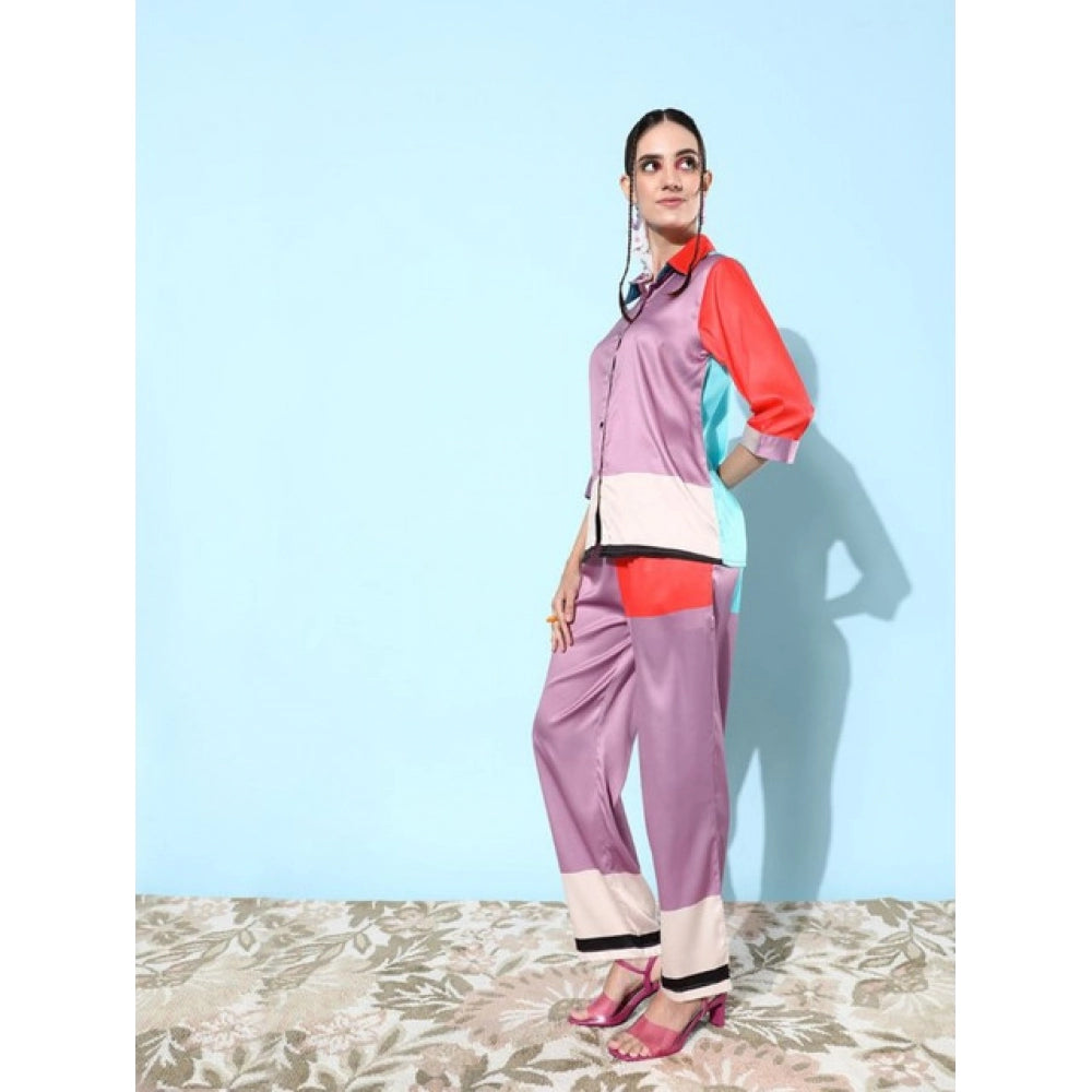 Women's Satin Colour Block Long Sleeves Co-Ord Set (Multicolor)