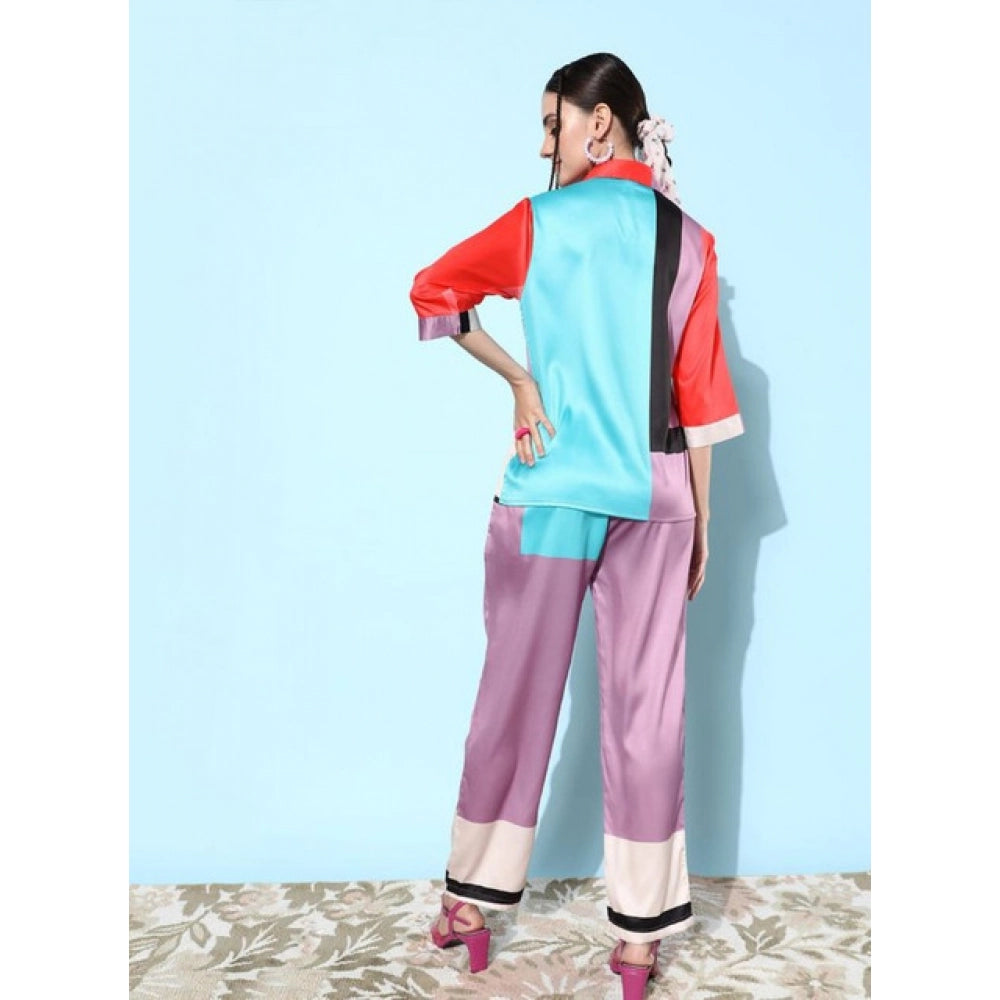 Women's Satin Colour Block Long Sleeves Co-Ord Set (Multicolor)