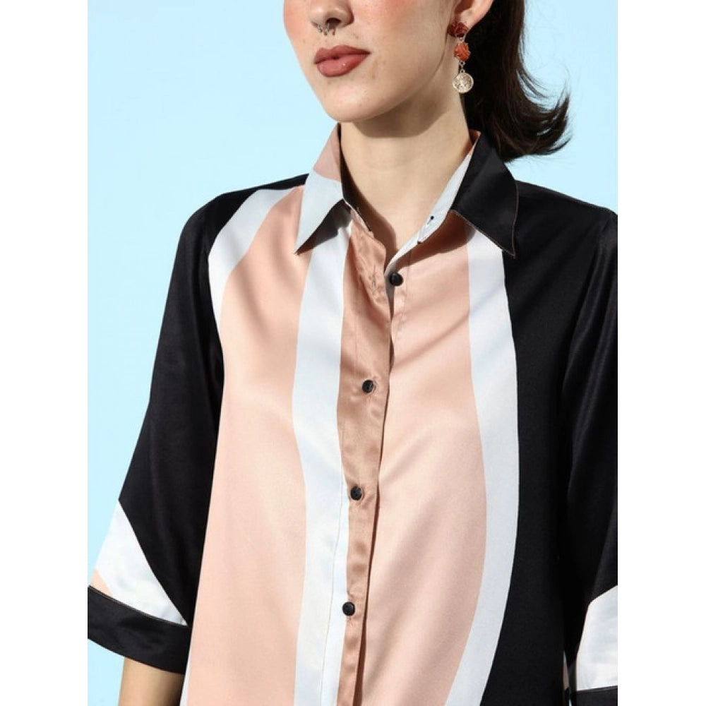 Women's Satin Colour Block Long Sleeves Co-Ord Set (Beige - Black)