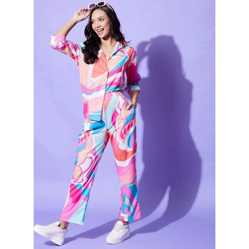 Women's Polyester Printed 3-4th Sleeve Co-Ord Set (Multicolor)