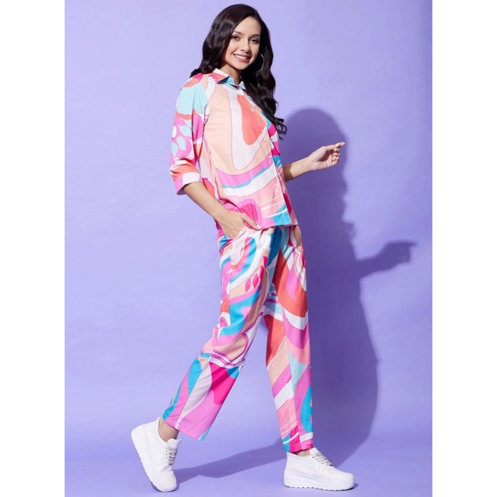 Women's Polyester Printed 3-4th Sleeve Co-Ord Set (Multicolor)