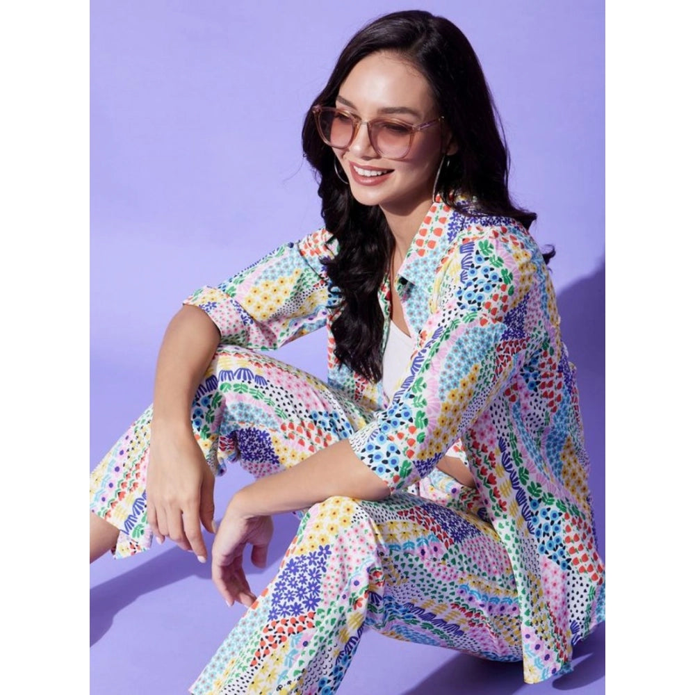 Women's Polyester Floral 3-4th Sleeve Co-Ord Set (Multicolor)