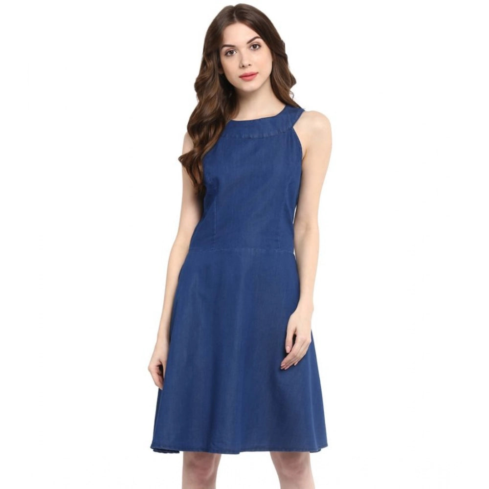 Denim Solid Sleeveless Dress (Blue)