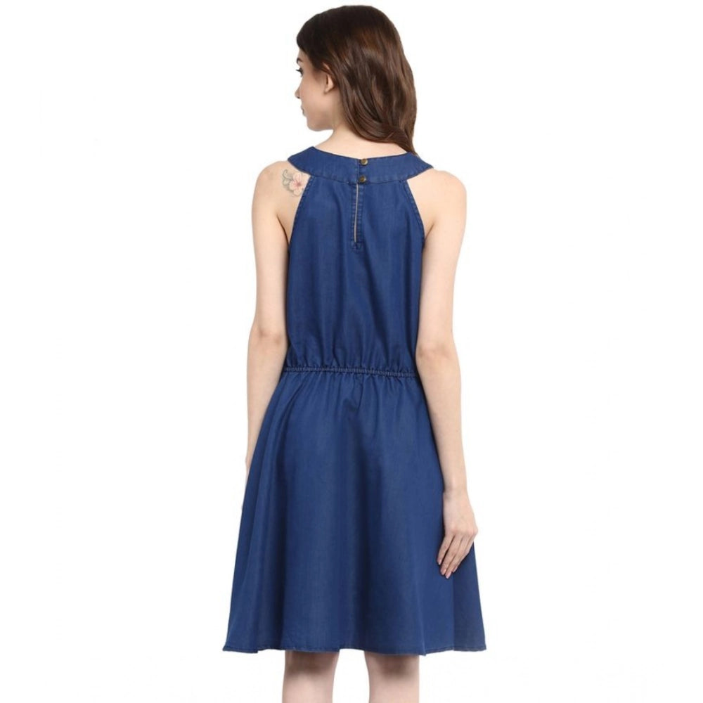 Denim Solid Sleeveless Dress (Blue)