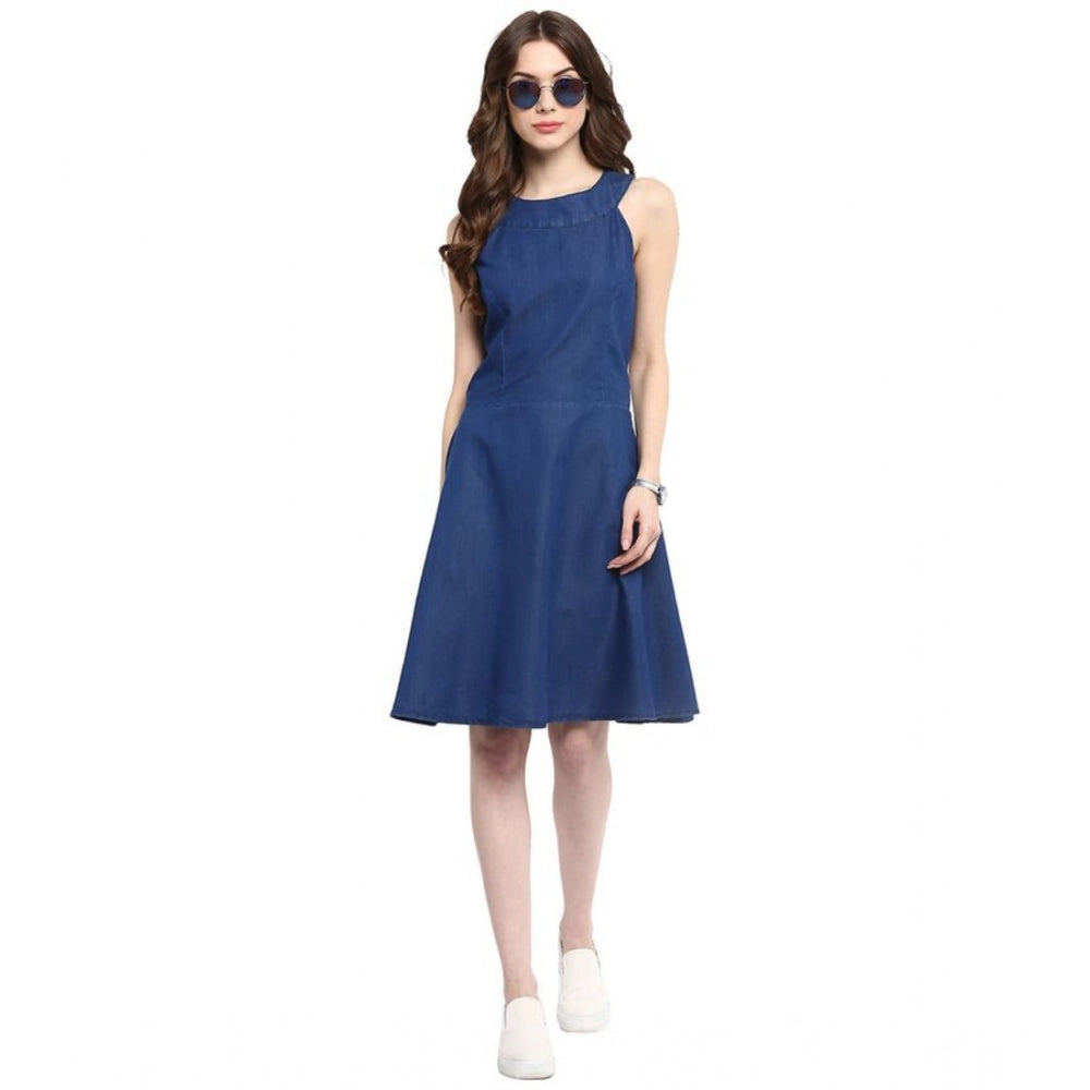 Denim Solid Sleeveless Dress (Blue)