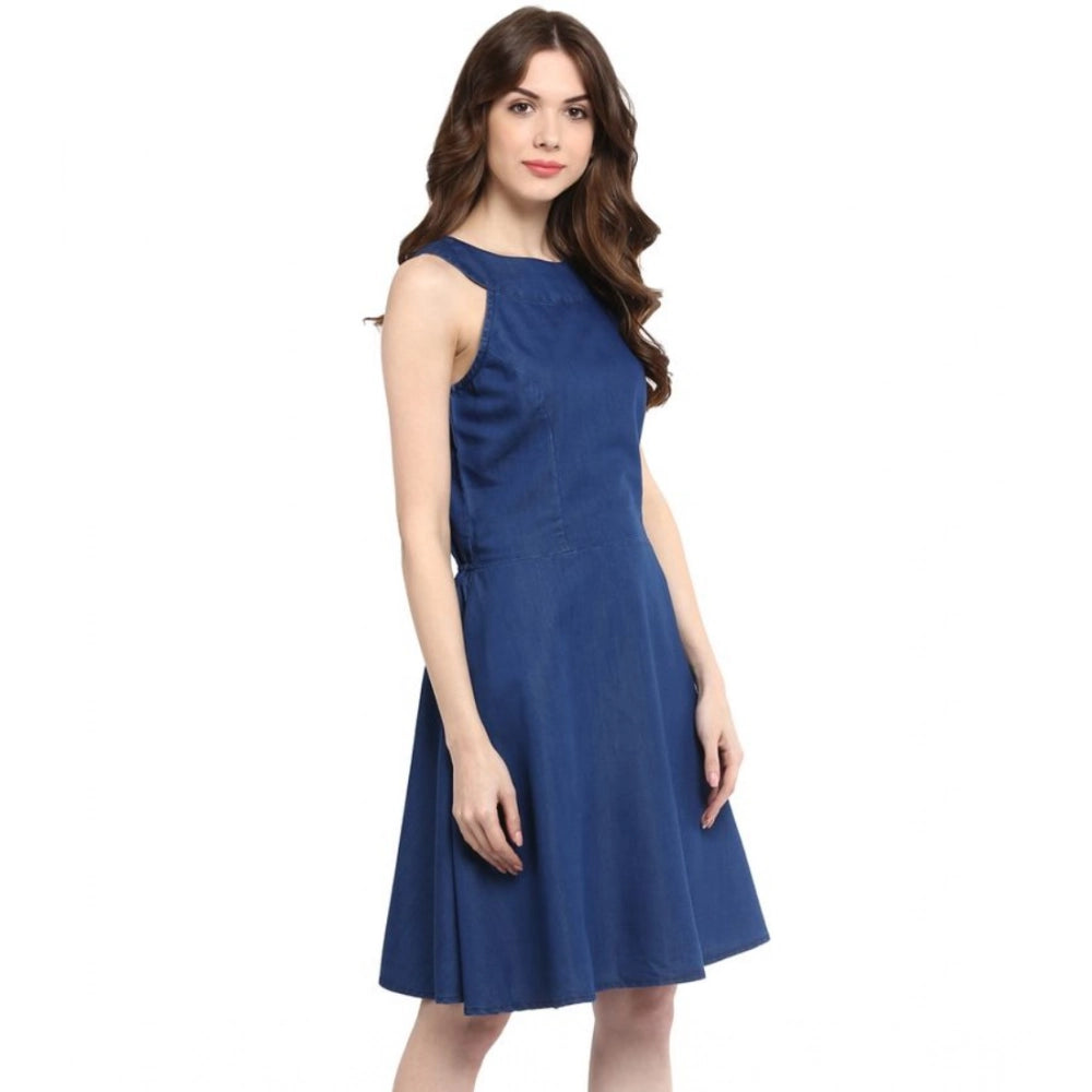 Denim Solid Sleeveless Dress (Blue)