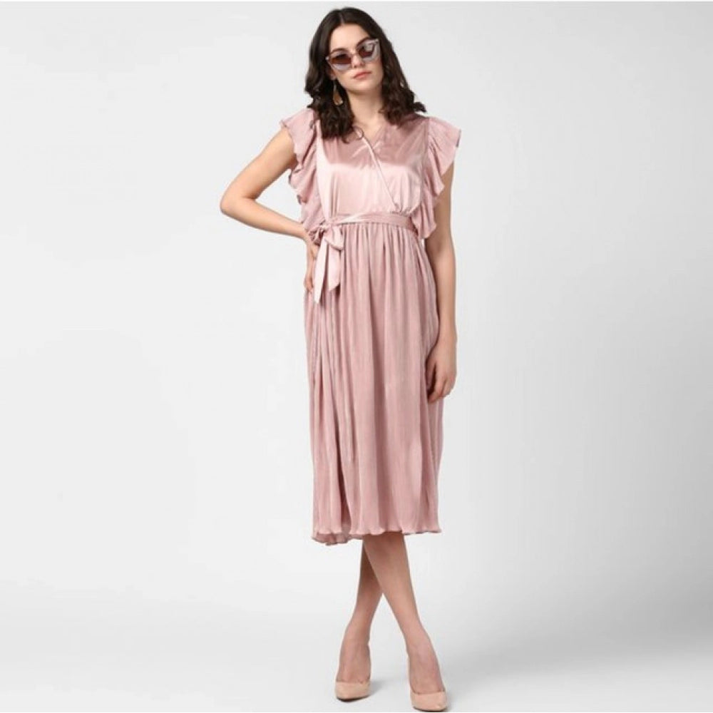 Women's Polyester Pleated Flutter Dress (Champagne Gold)