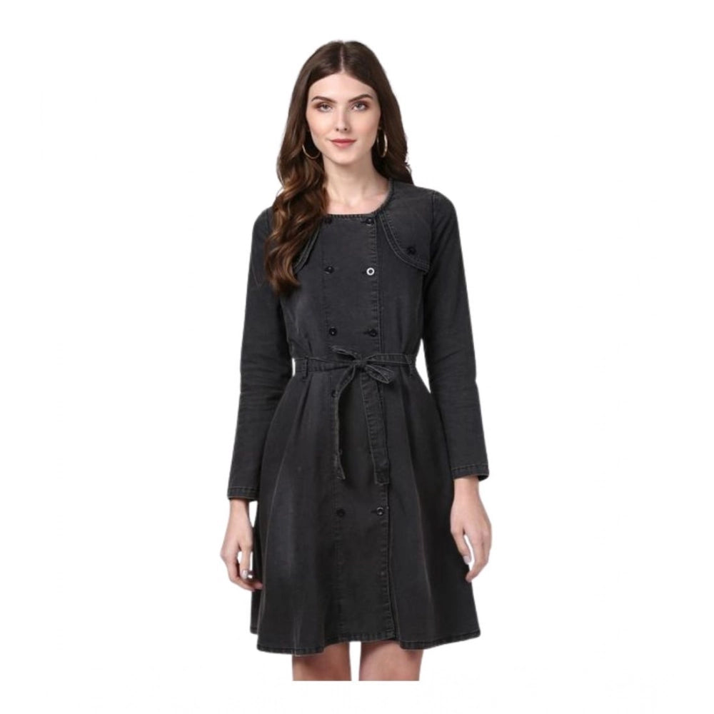 Denim Washed Long Sleeves Dress (Black)