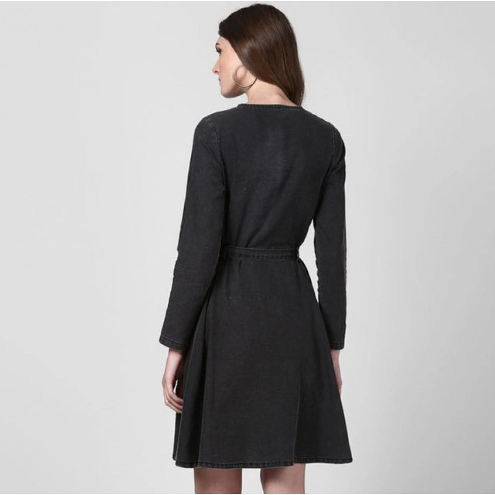 Denim Washed Long Sleeves Dress (Black)