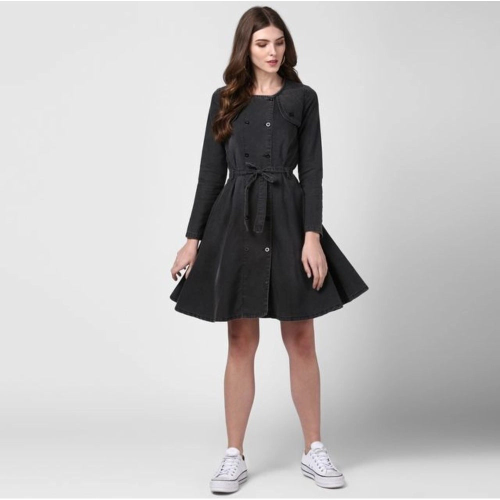 Denim Washed Long Sleeves Dress (Black)