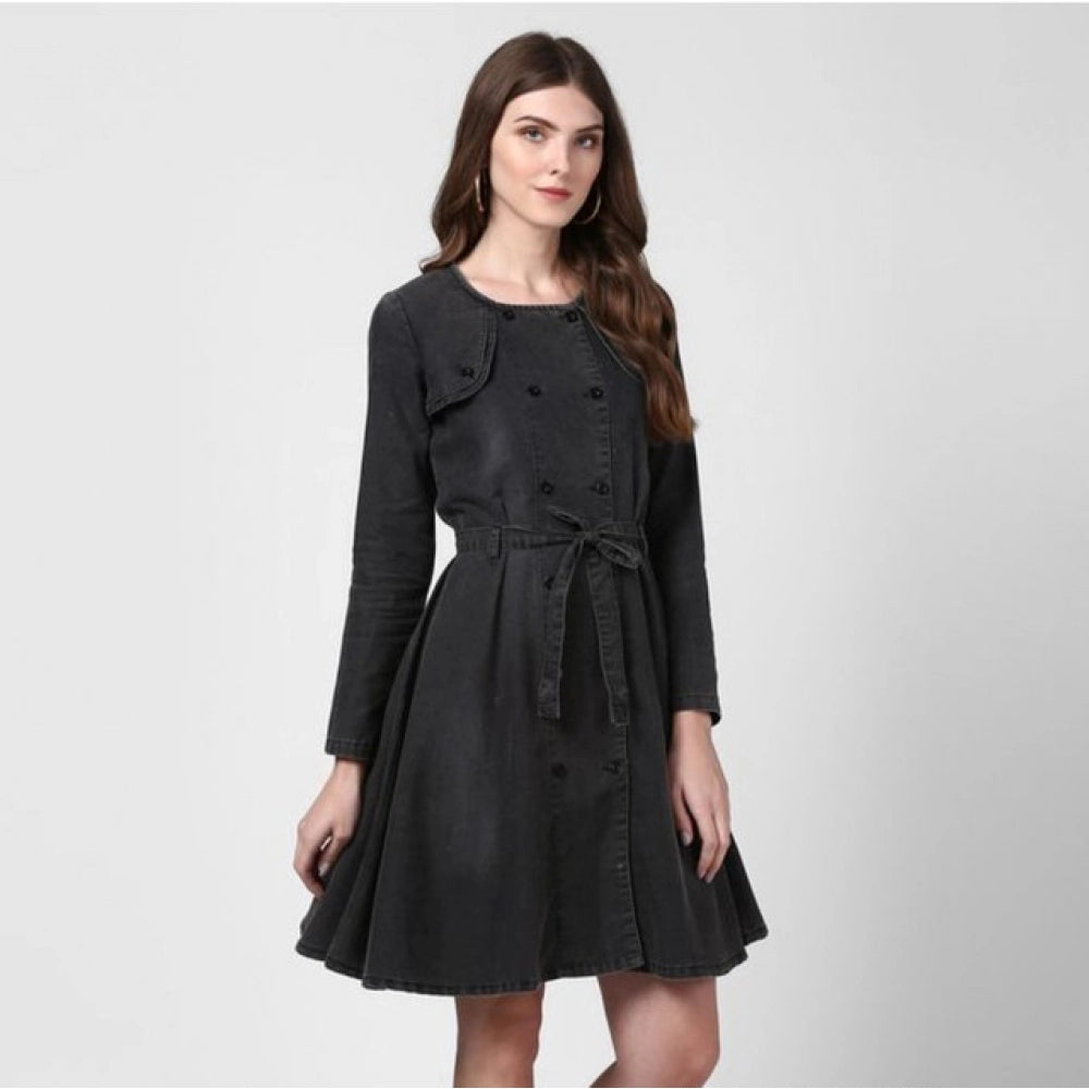 Denim Washed Long Sleeves Dress (Black)