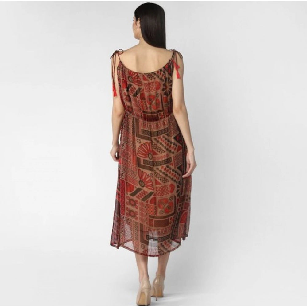 Polyester Printed Shoulder Straps Dress (Maroon - Brown)