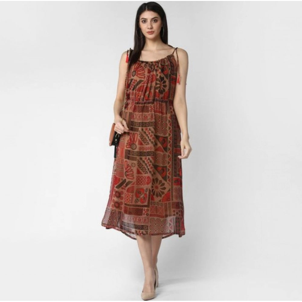 Polyester Printed Shoulder Straps Dress (Maroon - Brown)