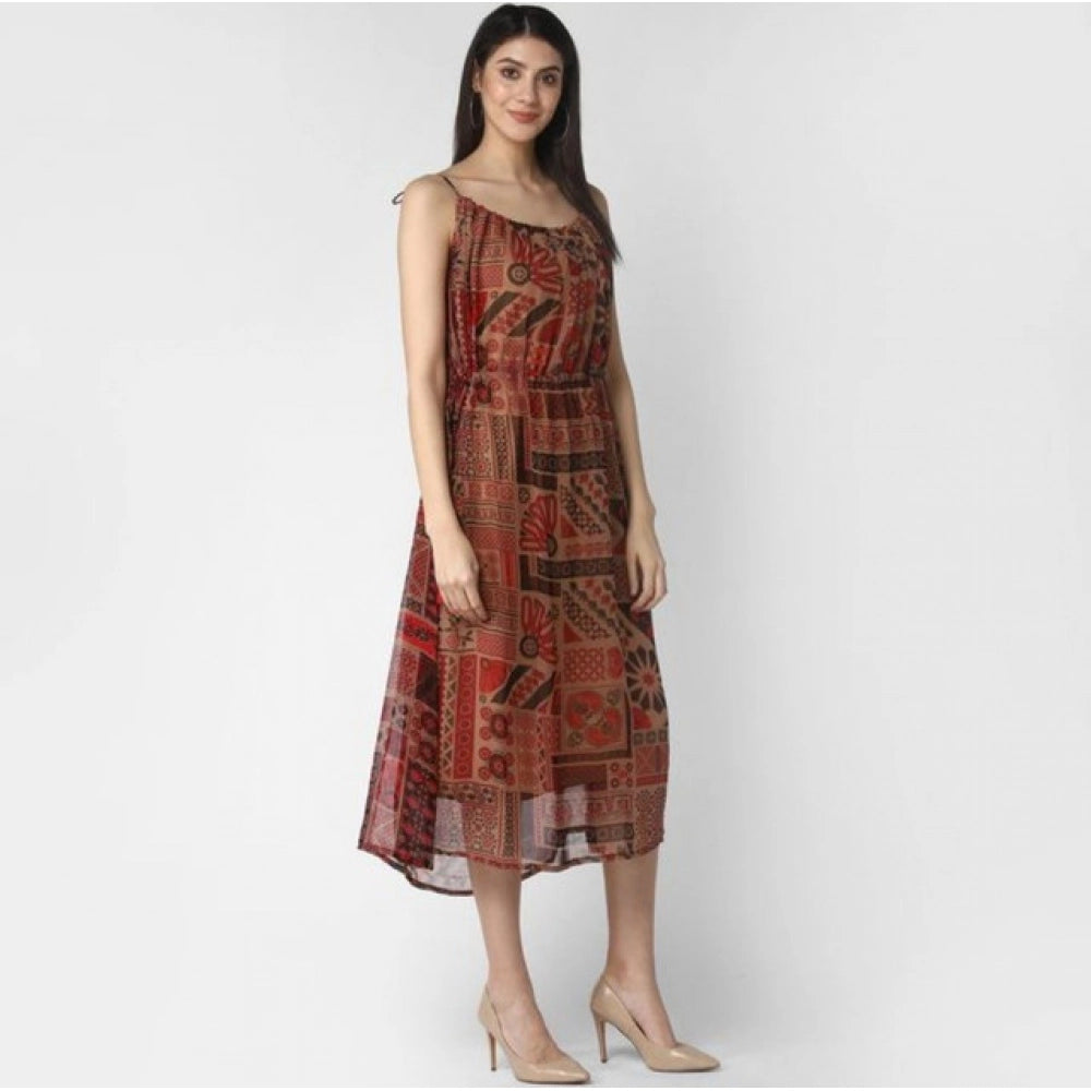 Polyester Printed Shoulder Straps Dress (Maroon - Brown)