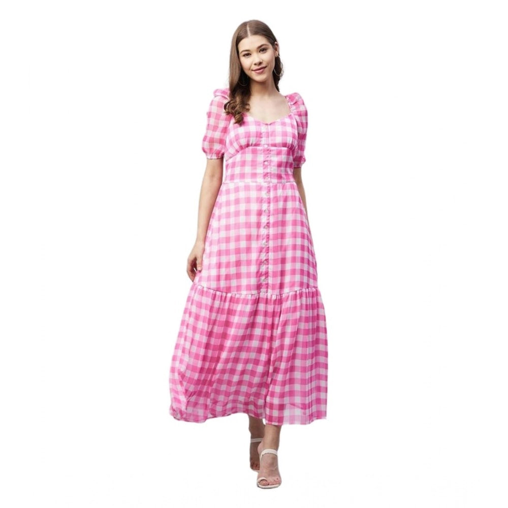 Polyester Georgette Checkered Half Sleeve Dress (Pink)