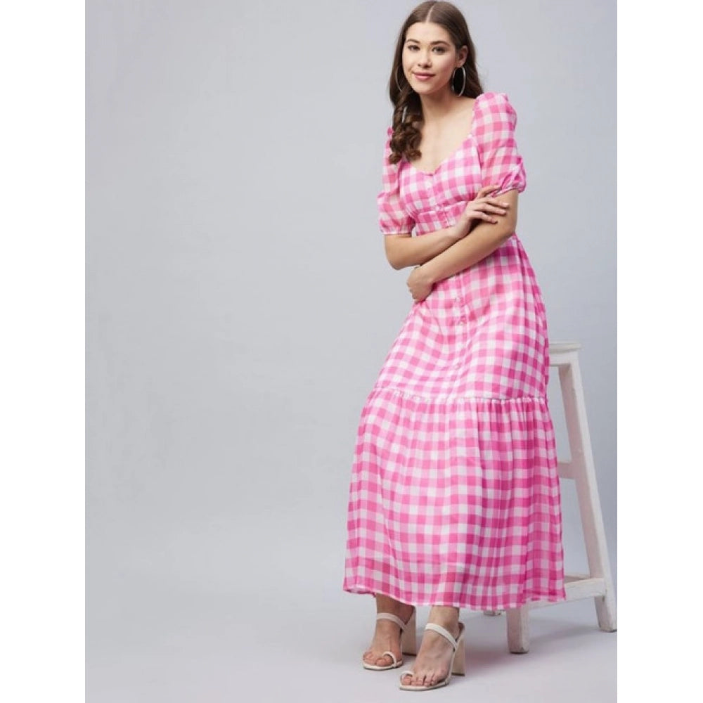 Polyester Georgette Checkered Half Sleeve Dress (Pink)