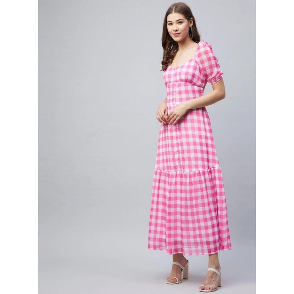 Polyester Georgette Checkered Half Sleeve Dress (Pink)