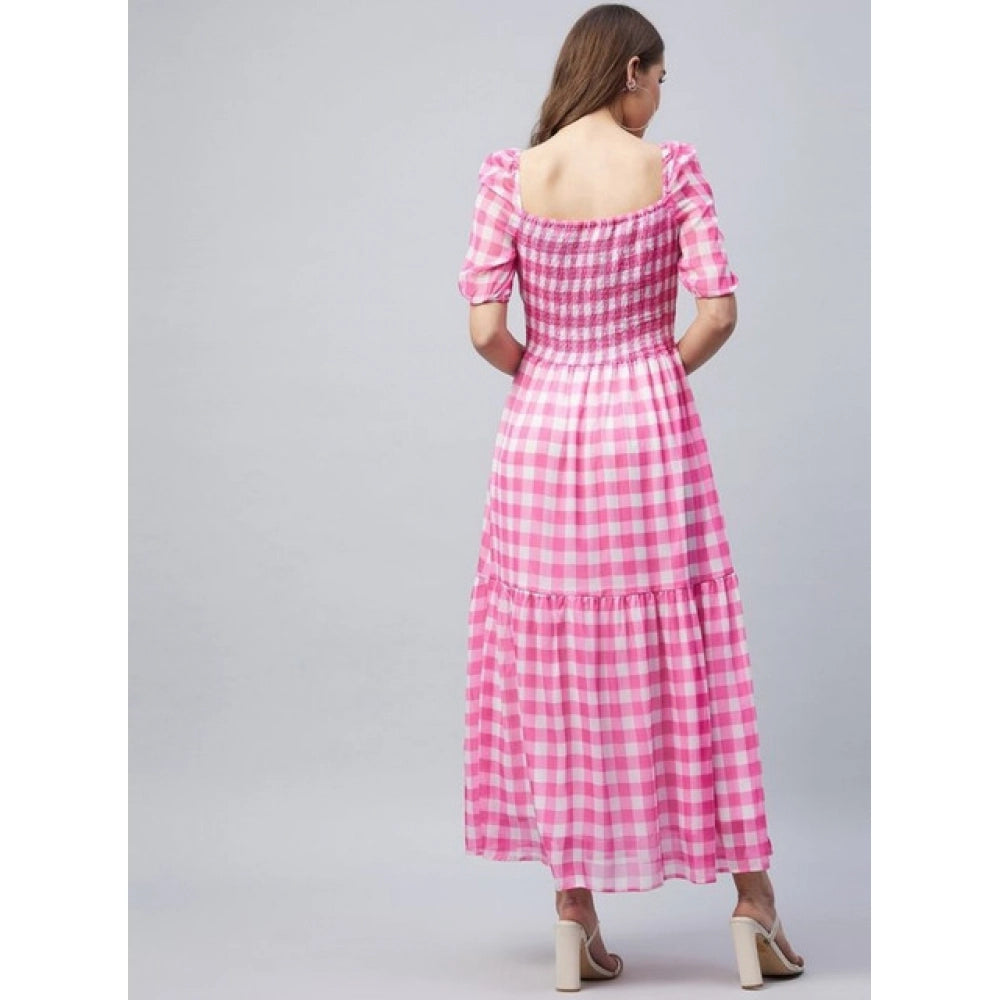 Polyester Georgette Checkered Half Sleeve Dress (Pink)