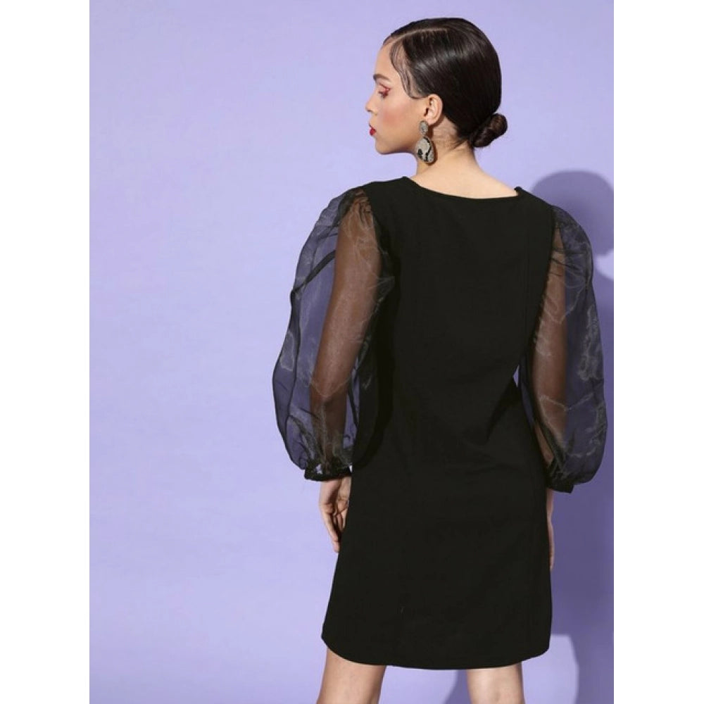 Women's Organza And Polyester Lycra Solid Long Sleeves Dress (Black)