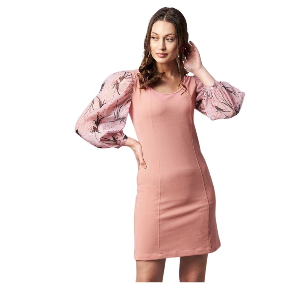 Polyester Lycra And Organza Floral Balloon Sleeve Dress (Pink)
