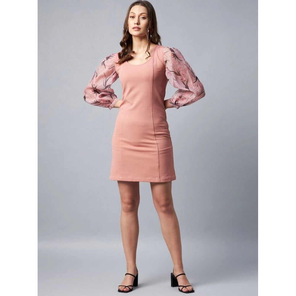 Polyester Lycra And Organza Floral Balloon Sleeve Dress (Pink)