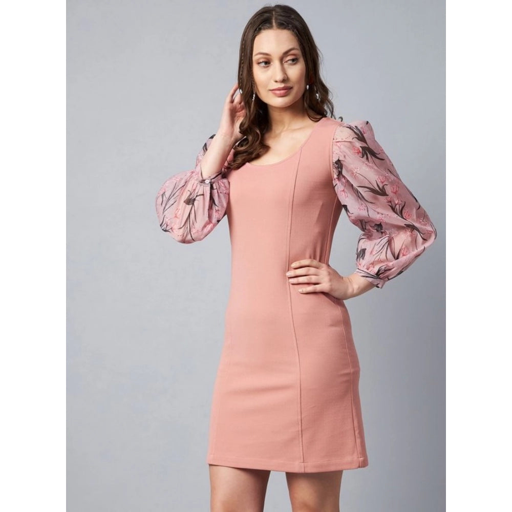 Polyester Lycra And Organza Floral Balloon Sleeve Dress (Pink)