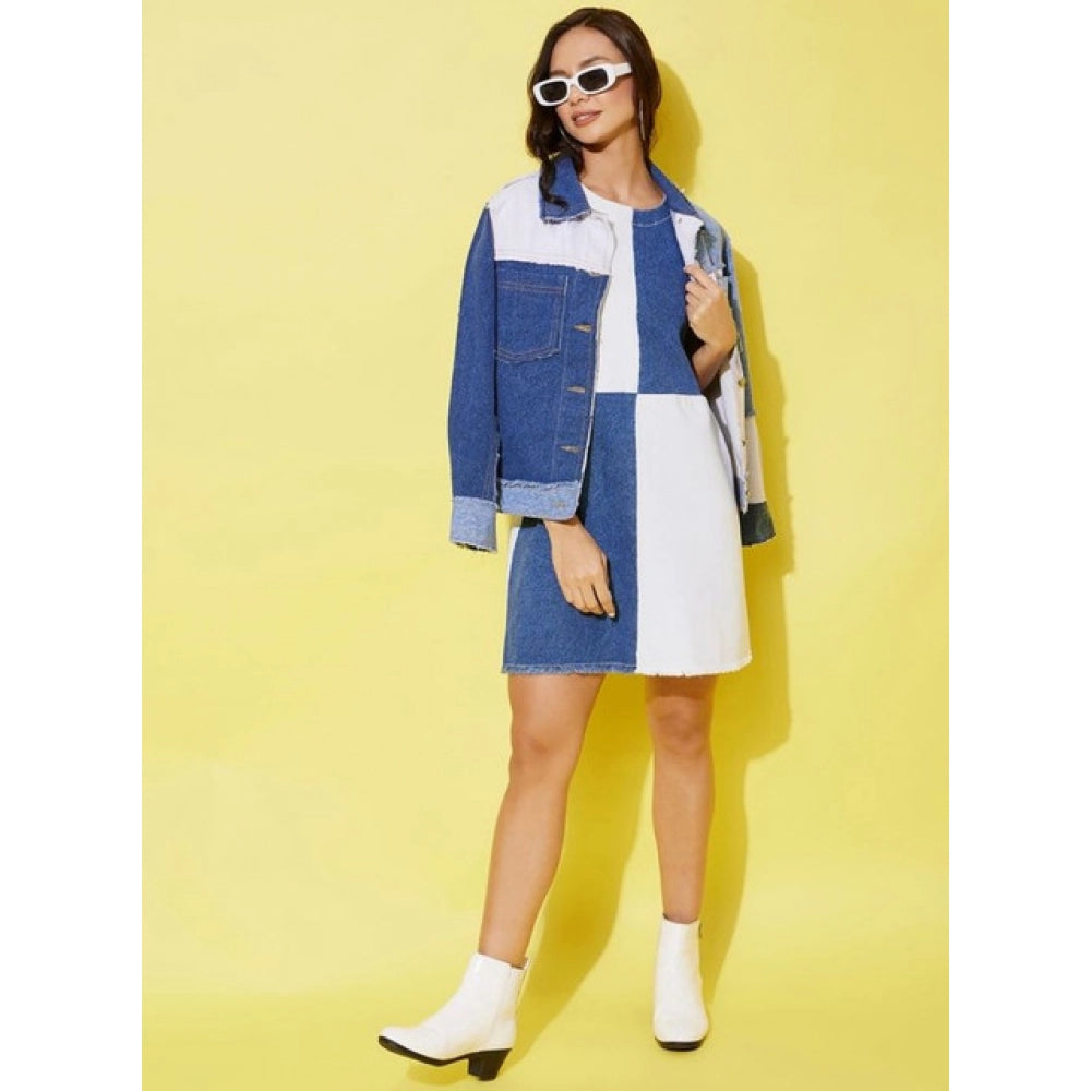 Denim Color Blocking Sleeveless Dress (Blue)