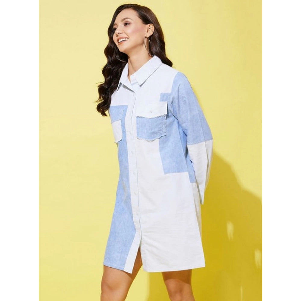 Denim Solid Long Sleeves Dress (Blue)
